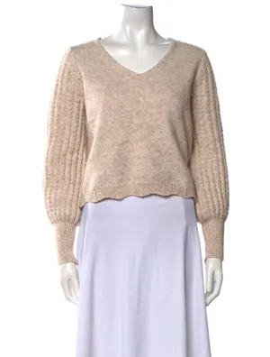 FRYE V-Neck Sweater Neutral Tan Beige Oatmeal Ribbed Knit Slouchy Balloon Sleeve thumbnail 6
