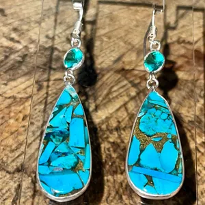 Faceted Turquoise in Copper Earrings 2 1/4” Gold thumbnail 4