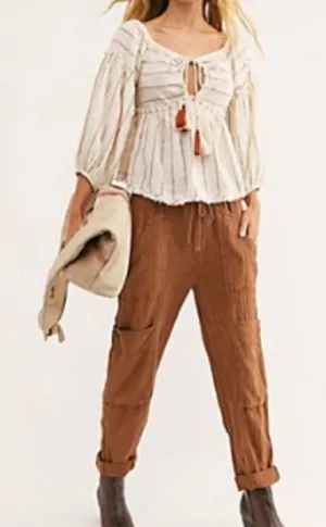 Free People Feel Good‎ Utility Pull On Pants Sz XS Boho Linen Gauzy Brown thumbnail 1