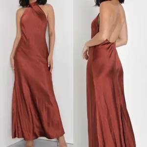 NWT Lulus Size XS Love in Your Life Rust‎ Brown Satin Halter Maxi Dress Formal thumbnail 2