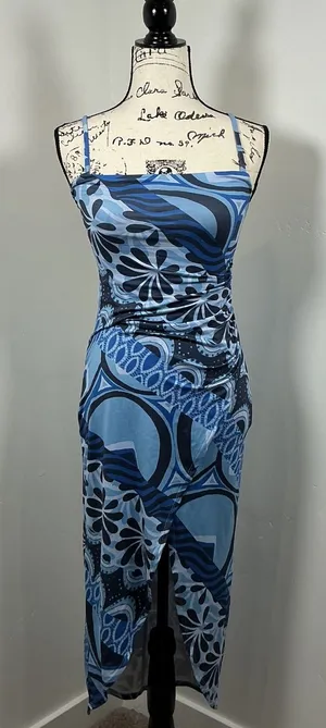 Urban Outfitters Midi Dress XS Blue Psychedelic‎ Ruched Tulip Hem Excellent thumbnail 1