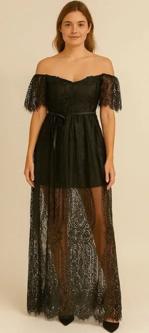 HYFVE NEW Women Black Large Off the Shoulder Lace Dress Whimsigoth Coquette Chic thumbnail 1