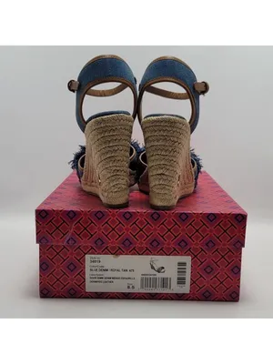 Tory Burch Wedge Espadrille Shaw Blue Denim Fringe Ankle Strap Sandals Size 8.5 thumbnail 13