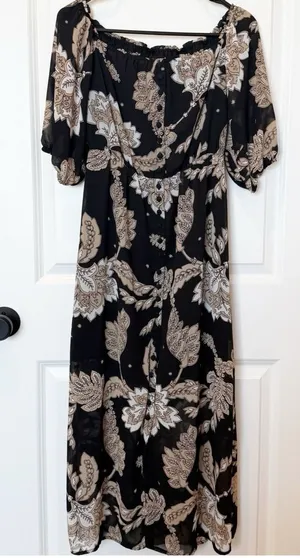 Bardot Paisley Button‎ Midi Dress XS Dark Romantic Coquette Puff Sleeve Black thumbnail 1