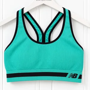 New Balance Sports Bra Womens M Teal Black Seamless Ribbed Racerback Logo Band thumbnail 1