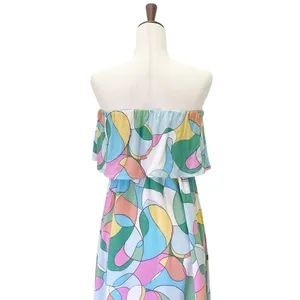 Japna Strapless Flounce Top Summer Maxi Dress Retro Aqua & Pink Print Size Small thumbnail 9