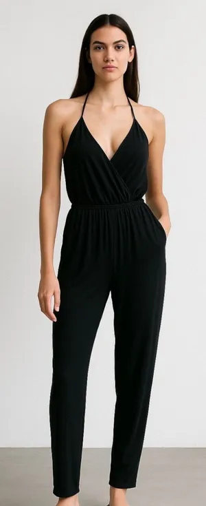 Lulus Learning to Fly Black Halter Sleeveless V Neck Faux Wrap Jumpsuit Size S thumbnail 1