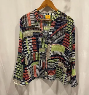 Groovy Ruby Rd. Metallic geometric avocado and tomato salad color sheer blouse thumbnail 1