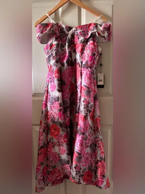 Adrianna Papell Floral Jacquard Shoulder Midi Dress Sz 6 Autumn Wedding Guest thumbnail 3