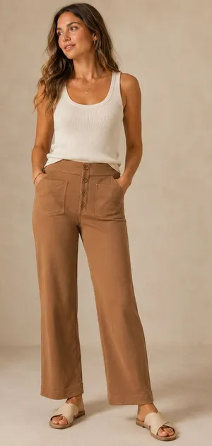 Halara Women Pants M Brown High Waisted Wide Leg Button Front Pockets Stretch thumbnail 1