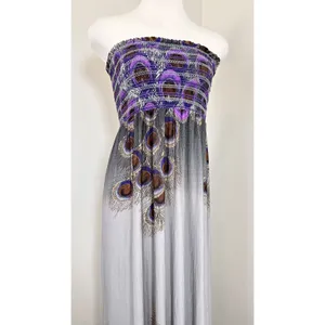 FOREVER 21 Y2K Strapless Maxi Dress S/P‎ Peacock Feather Print Smocked Bodice thumbnail 8