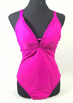 Kona Sol Crochet Trim‎ Lace Up Back 1 Piece Swimsuit Women M Hot Pink Barbievore thumbnail 1
