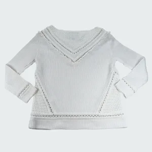 Saylor White Knit Boat Neck Sweater V-Panel Eyelet Fringe Detail Small thumbnail 3