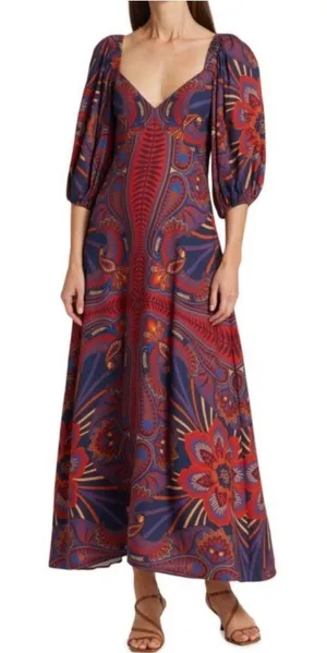 NWT Farm Rio‎ Macaw Arabesque Maxi Dress Puff Sleeve Boho Colorful Tropical XS thumbnail 1