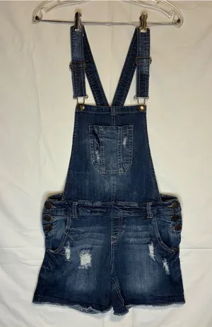 WallFlower Distressed Denim Y2K Overall Shorts Womens M Shortalls Dark Frayed thumbnail 1
