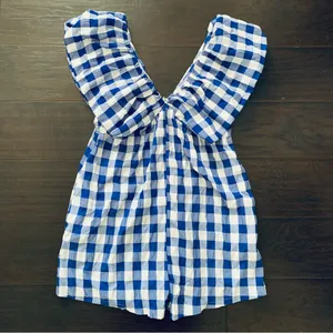 Lulus NWOT Day & Moon Boutique Brand White/Blue Checker Gingham Print Romper | Size: M thumbnail 7