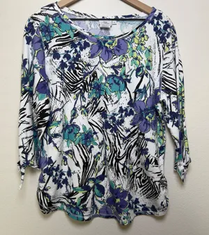 Hot Cotton Women Floral Zebra Print 3/4 Sleeve‎ Top White Purple Large Artsy thumbnail 1