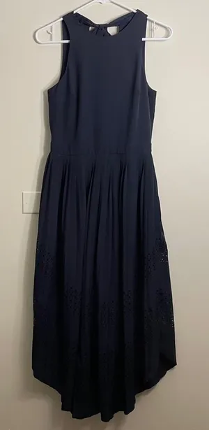 Banana‎ Republic curved hem laser cutout navy blue women’s semi formal dress thumbnail 1