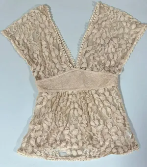 Tan Beige Floral Lace Y2K Babydoll Shirt Top Blouse Size S ✨ thumbnail 1