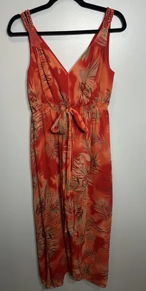 LINEA DOMANI Dress Orange-Red Hawaiian Resort Maxi V-neck Sleeveless Size 10 thumbnail 1