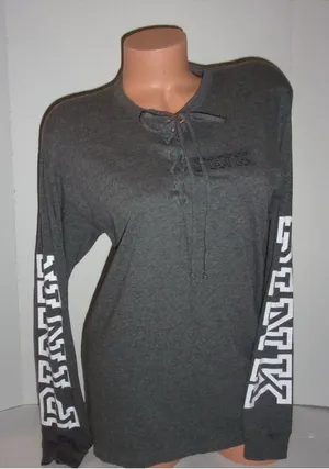 Victoria's Secret PINK Gray Lace-Up Long Sleeve Shirt Size M thumbnail 1