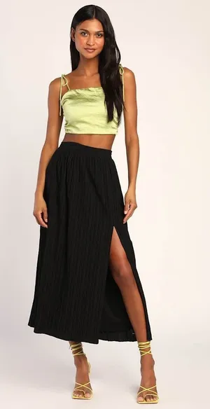 Lulus Midsummer Memories Black Mid-Rise Maxi Skirt Side Slit Plisse Large NWT thumbnail 1