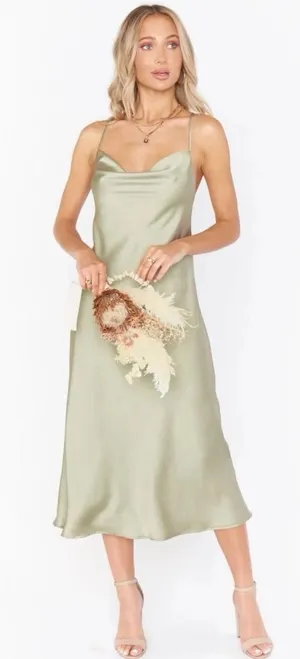 Show Me Your Mumu Verona Cowl Moss Green Luxe Satin Midi Bridesmaid‎ Dress thumbnail 1