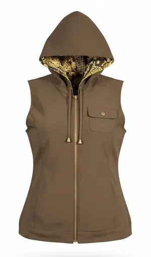 Reversible Hooded Vest Women's Snake Print‎ Brown Zip Pockets Outdoor Casual thumbnail 1