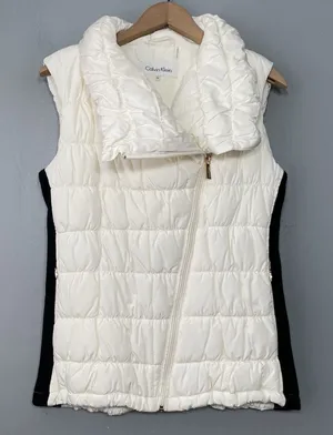 Calvin Klein Vest Size Medium Cream Black Quilted Puffer Performance Moto Preppy thumbnail 1