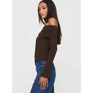 Princess Polly Parveen Brown Ribbed Off Shoulder Long Sleeve Crop Top Blouse 4 thumbnail 3