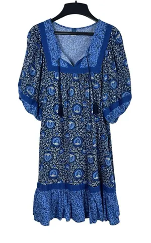 Old Navy Blue Boho Peasant Dress Women L Floral Tassel Cottagecore Festival thumbnail 1