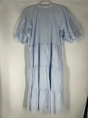 English Factory Blue White Striped Tiered Puff Sleeve Midi Dress L thumbnail 8