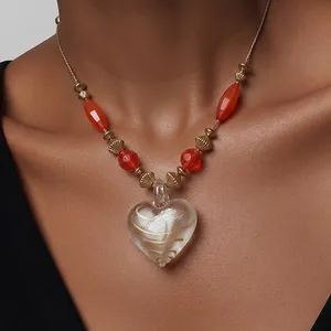 Artisan Glass‎ Heart Pendant Necklace Red Beaded Gold Tone Swirl Romantic Boho thumbnail 1