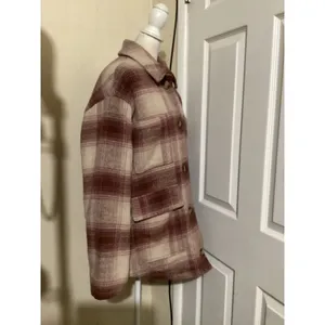 American Eagle Womens Plaid Sherpa Lined Shacket Burgundy Cream Wool Blend Large thumbnail 2