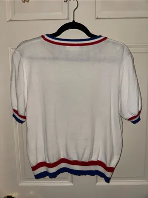 QUEEN OF SPARKLES White Short Sleeve Sweater with Red, Blue & Silver Trim thumbnail 4