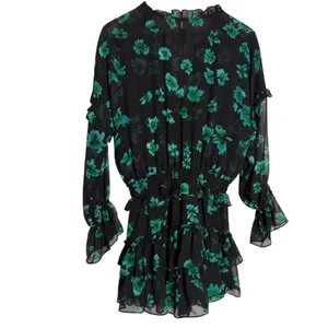 MISA Lolita Black Green Floral Print Long Sleeve V-Neck Ruffled Mini Dress Small thumbnail 5