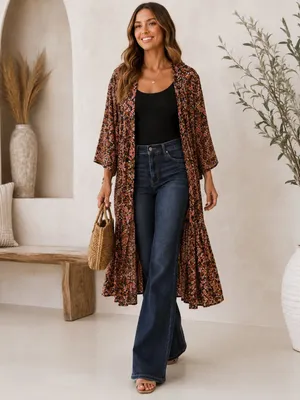 Floral Open Front Kimono NWT Boho Long Duster Swim Cover Up NWT thumbnail 5