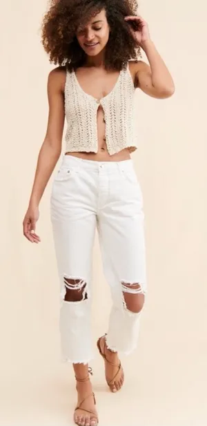 NWT FREE PEOPLE We The Free Maggie Distressed Cotton White Denim Jeans thumbnail 1