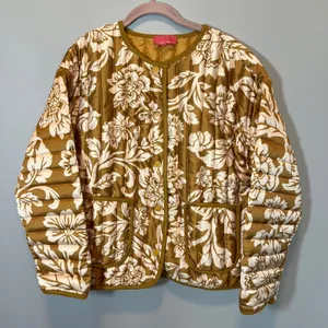 Flying Tomato Floral Quilted Puffer Jacket Mustard Gold Cream Boho Medium thumbnail 1