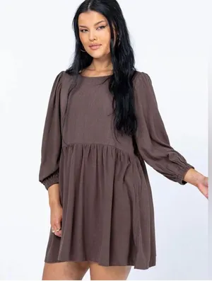 Mabel LONG SLEEVE MINI DRESS BROWN thumbnail 1