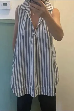 Sharagano Blue White Striped Sleeveless Tunic Top Dress Pockets Women’s M thumbnail 1