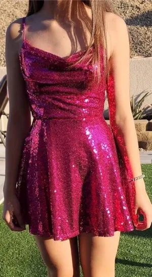 NEW Jaeden Small Sparkling Barbie Pink Sequin Formal Homecoming Sweetheart Dress thumbnail 1