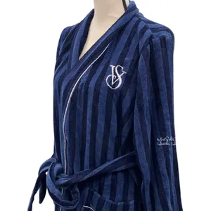 Victorias Secret Navy & Black Striped Embroidered Logo Belted Robe With Pockets thumbnail 3