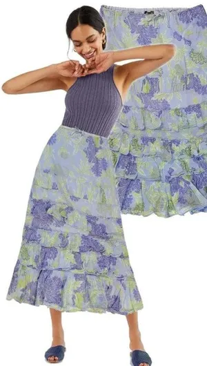 Fei Anthropologie Floral Tiered Ruffle Maxi Skirt Prairie Boho Women Size L NWT thumbnail 1