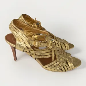Tory Burch Nadia Metallic Gold Woven Leather Heels Sandals 9M thumbnail 3