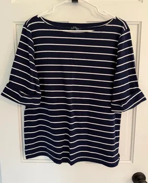 Lauren Ralph Lauren Navy White Striped Bell‎ Sleeve Boat Neck Top M thumbnail 1