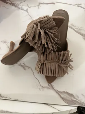 A New Day Women’s Taupe Suede Fringe Pointed Toe Heeled Mules – Boho Memory Foam Slip-On Heels NWT thumbnail 2