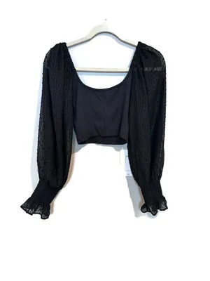 Urban Outfitters Black Square Neck Crop Top with Sheer Swiss Dot Puff Sleeves thumbnail 2