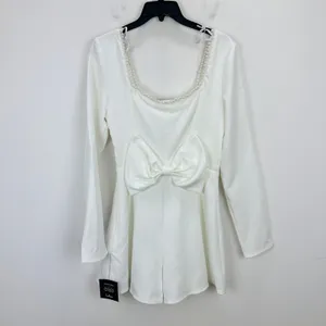 Lulus Luminous Aesthetic White Pearl Bow Long Sleeve Romper Wedding Bridal S NWT thumbnail 6