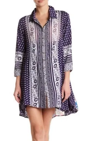 Anthropologie by Cyrena Boho Purple Printed Button-Front Mini Shirt Dress Size L thumbnail 1